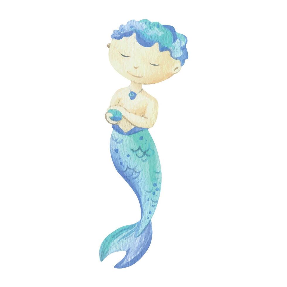 Mermaid is a little boy with tail, holding a pearl in her hand. Watercolor illustration hand drawn with pastel colors turquoise, blue, mint, coral. Element isolated from background vector
