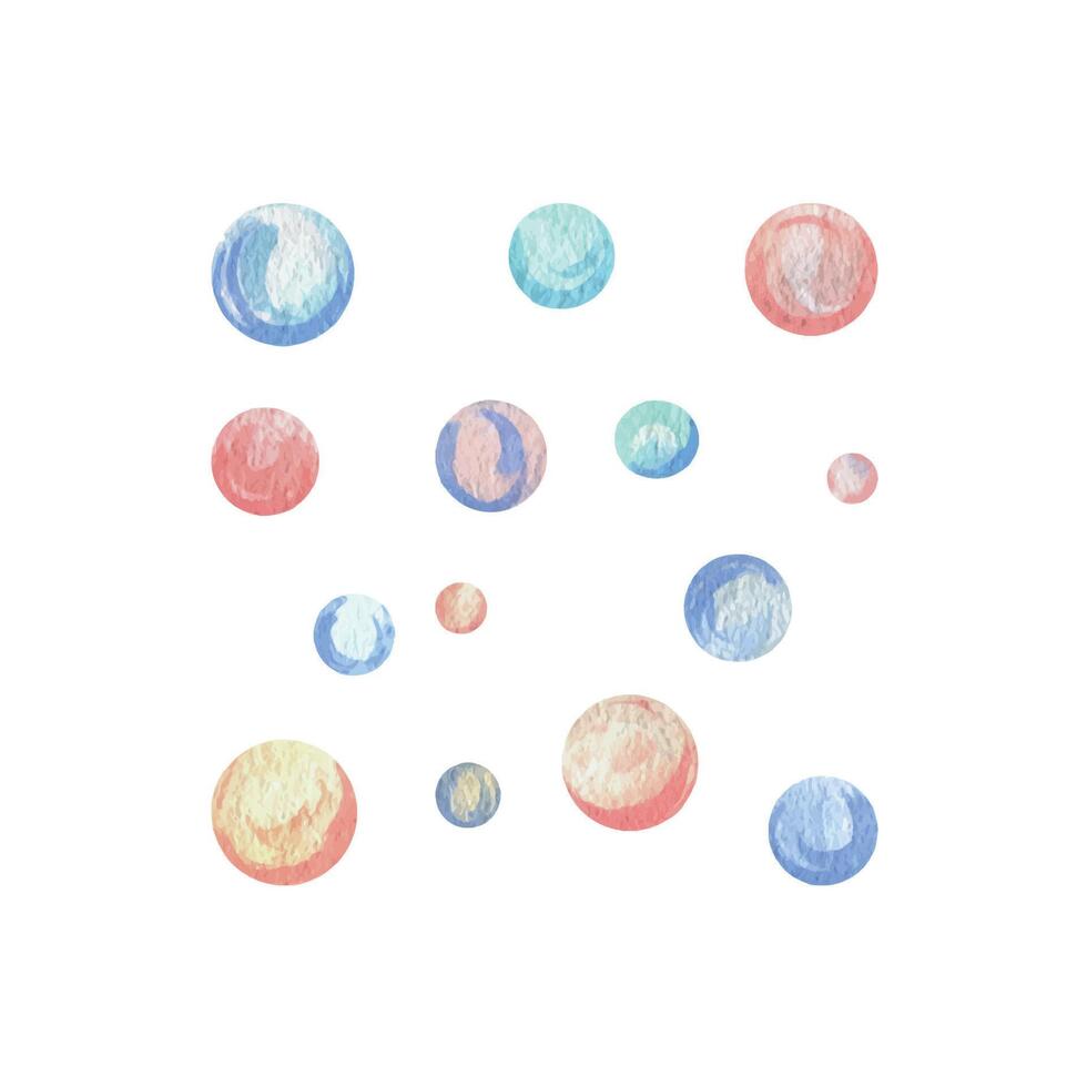 Water bubbles. Watercolor illustration hand drawn with pastel colors turquoise, blue, mint, coral. Set of objects isolated from the background for decoration and design vector