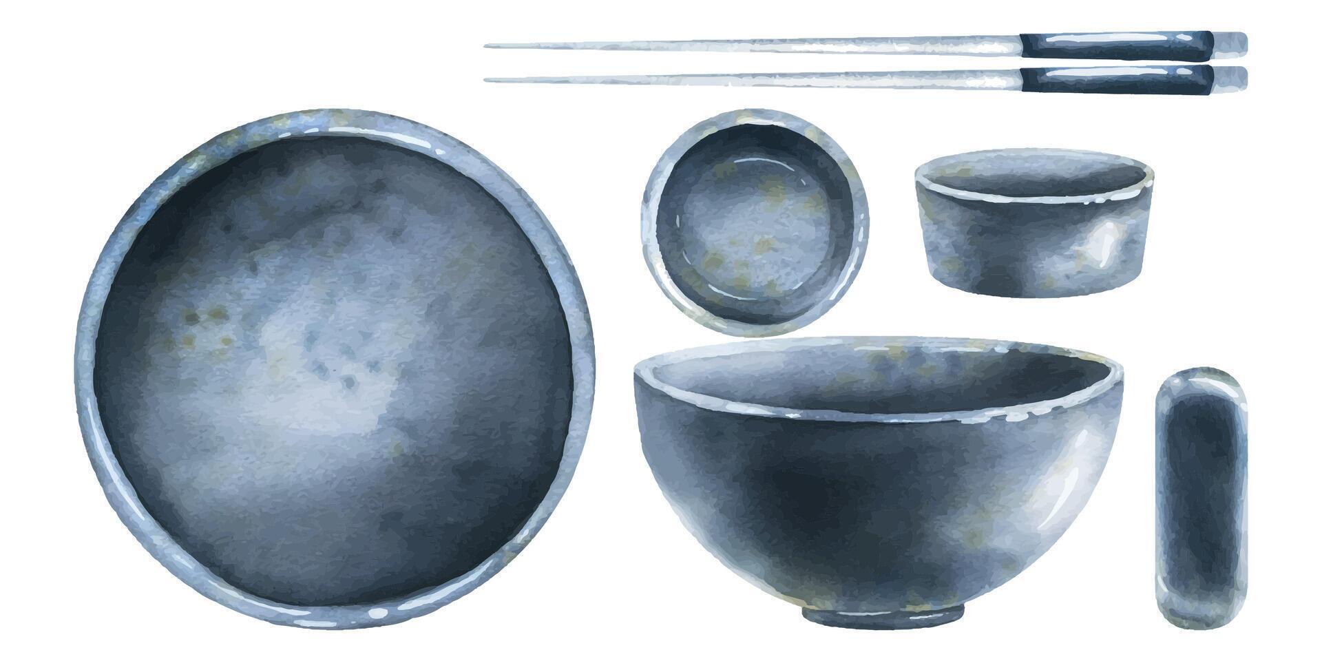 A set of ceramic dishes, a bowl, a saucepan, chopsticks, a stand top and side view. Watercolor illustration. Isolated objects from the SHRIMP collection. For decoration and design vector