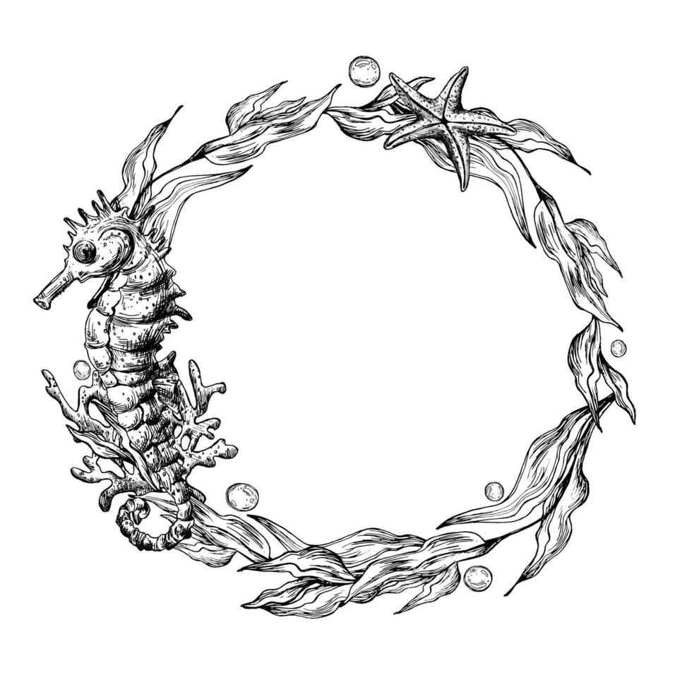 submarino mundo clipart con mar animales caballo de mar, conchas, coral y algas. gráfico ilustración mano dibujado en negro tinta. circulo guirnalda, marco eps vector. vector