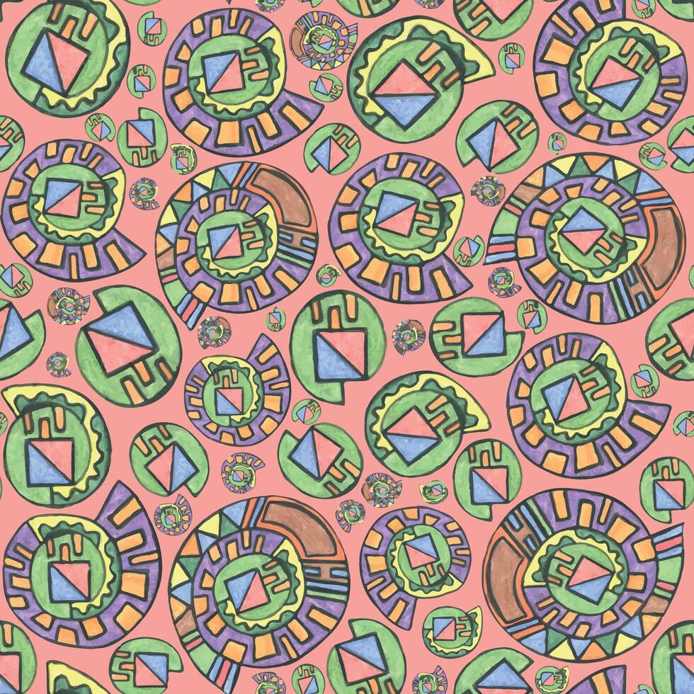 Abstract spiral shells, geometric shapes. Circles. squares, triangles. Multicolored curls drawn with colored pencils. seamless pattern. For textiles, fabric, paper, wallpaper covers scrapbooking vector