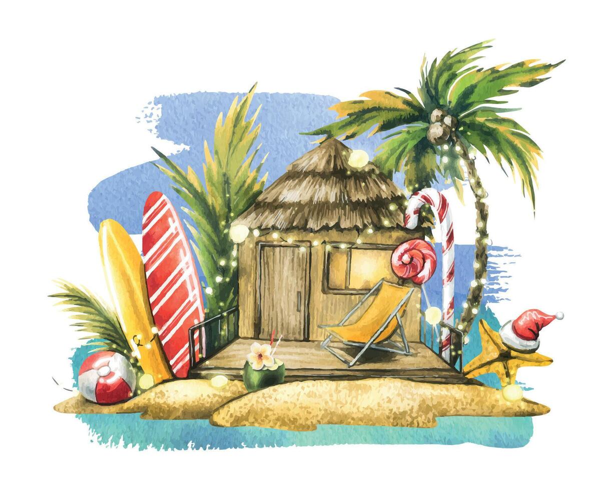 nuevo año en el zona tropical con bungalows, tablas de surf, palma arboles y Navidad dulces. acuarela ilustración. composición en el antecedentes de el mar y el cielo. para el diseño de postales turismo vector