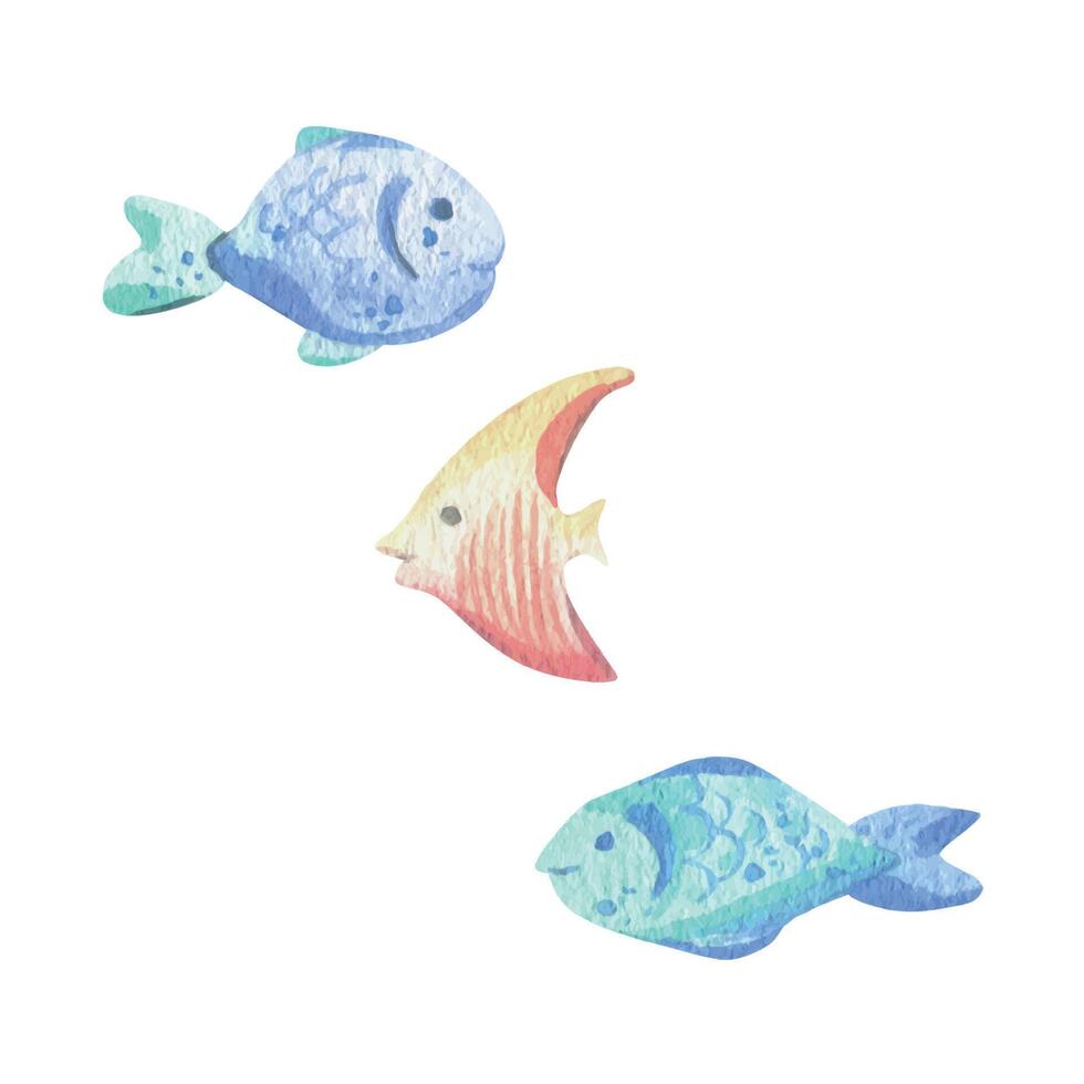 Various sea fish, simple, cartoonish. Watercolor illustration hand drawn with pastel colors turquoise, blue, mint, coral, peach. Set of elements isolated from background. vector