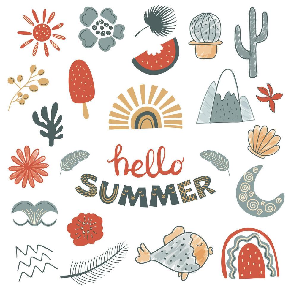 Hand drawn vector illustration set of summer elements. Doodle summer collection.