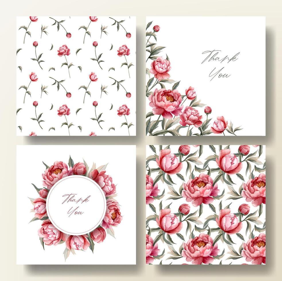 Set of greeting card and seamless pattern with watercolor peonies, wedding invitation. Peony frame. vector