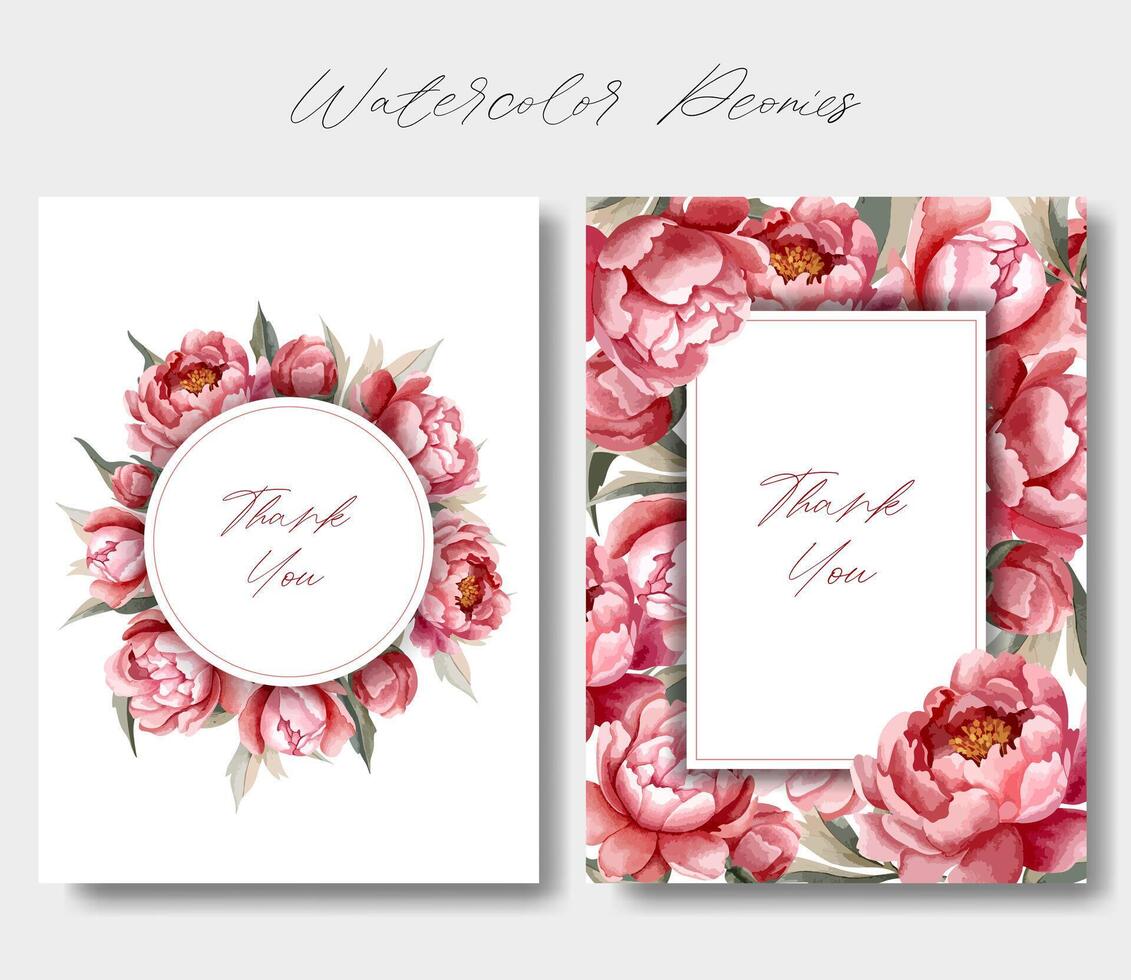 Set of watercolor peonies frames. Vector floral peony template. For wedding invitation, poster and cards.