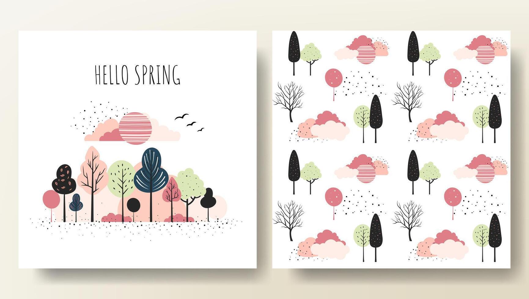 Set of spring cards with fairy trees and seamless pattern. Cartoon fantasy trees composition, frame. vector