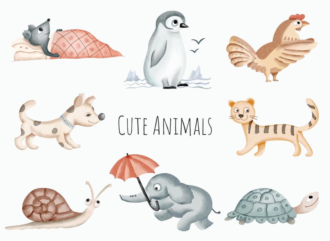 Watercolor illustration set of cute baby animals. Hand drawn turtle, snail, penguin, mouse. vector