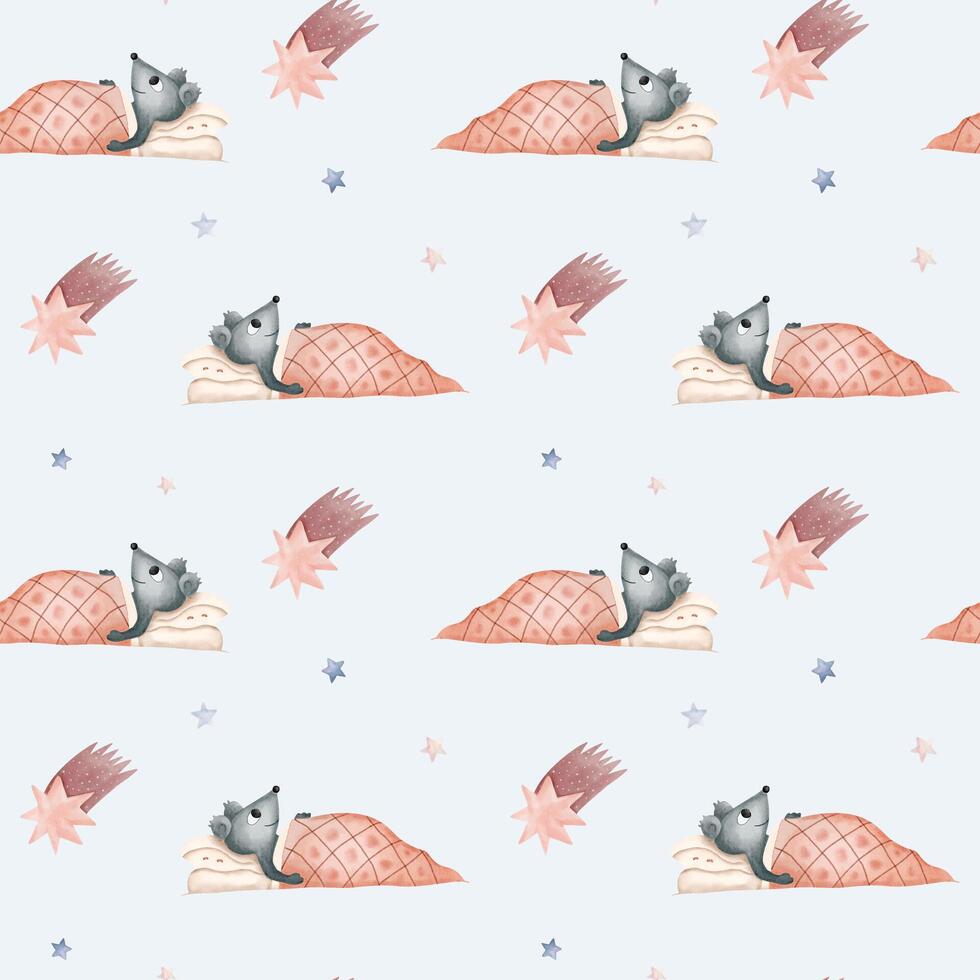 Seamless pattern with watercolor sleeping mouse. Cute childish background. Watercolor mouse wallpaper vector