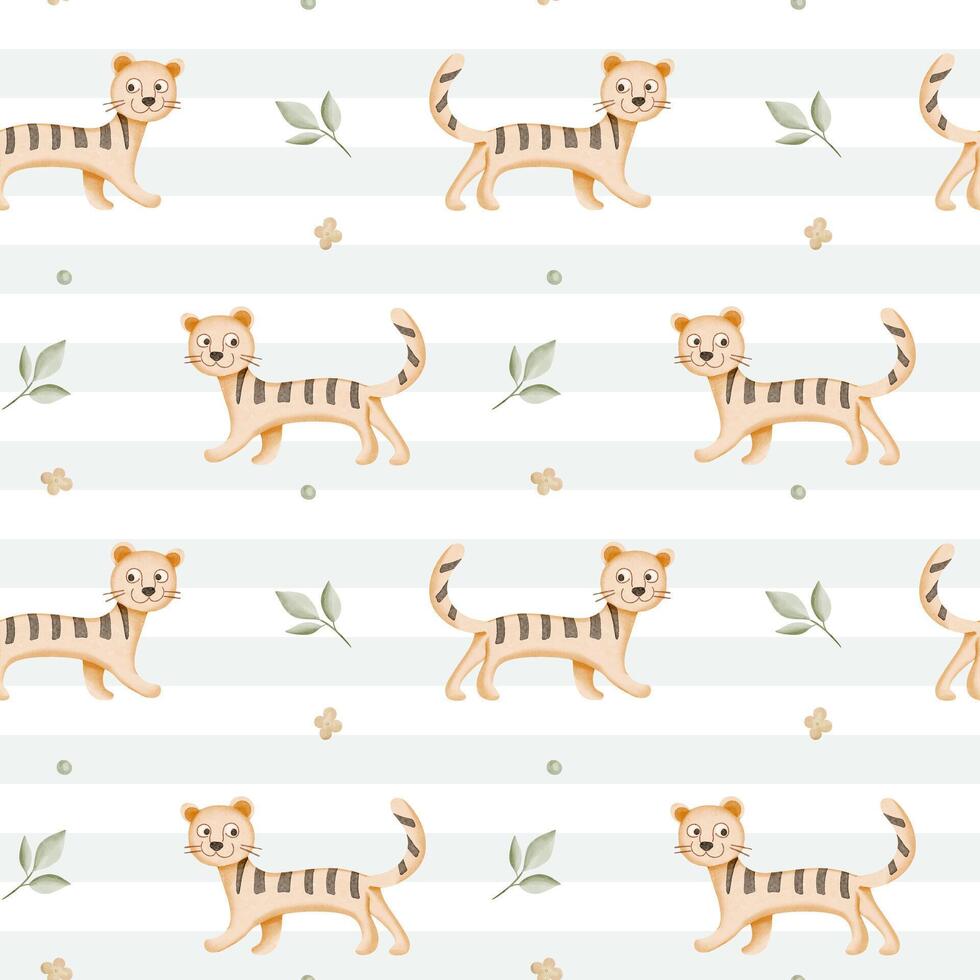 Seamless pattern with watercolor tiger. Cute childish background. Watercolor baby tiger wallpaper vector