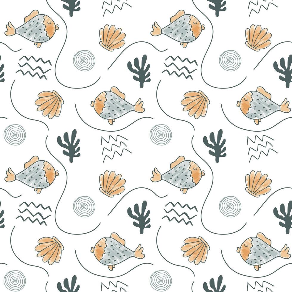 Cute simple pattern with sea doodle elements. Seamless background monochrome fish and seashells. vector