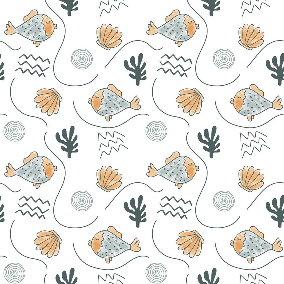 Cute simple pattern with sea doodle elements. Seamless background monochrome fish and seashells. vector