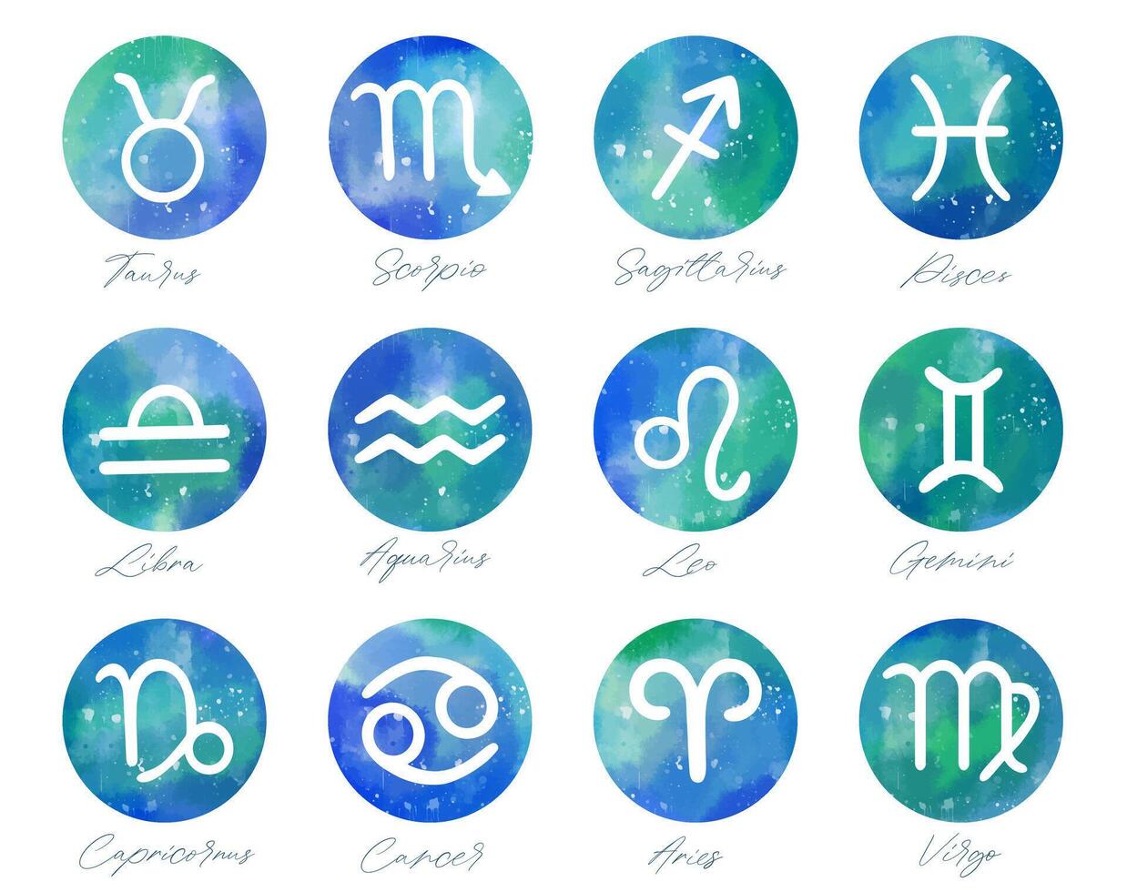 Set of hand drawn watercolor brush zodiac signs. Collection of watercolor astrology signs. vector