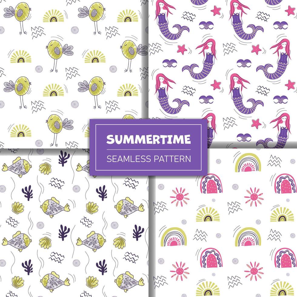 Set of doodle backgrounds with rainbow, sun, mermaid and pineapple. Cute simple summertime patterns. vector