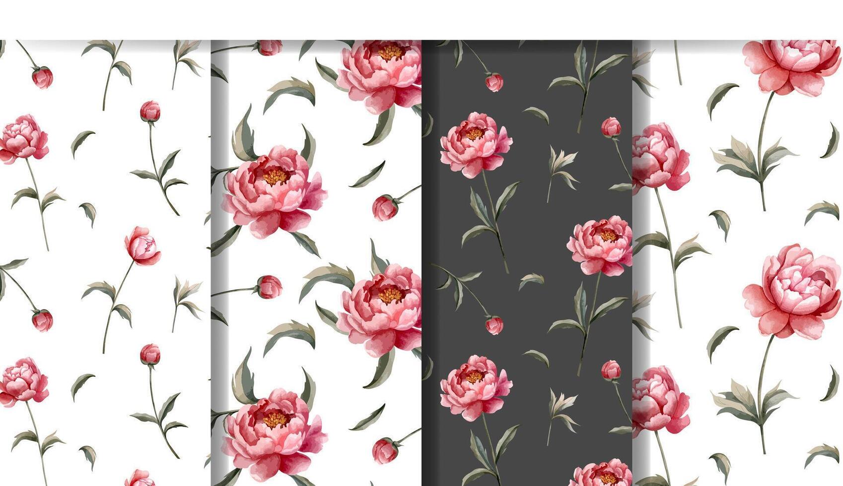 Set of floral backgrounds with watercolor peonies. Flower seamless pattern. Peony ornaments vector