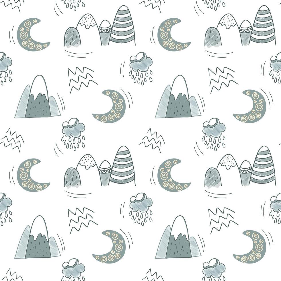 Cute simple pattern with nursery doodle elements. Seamless background with mountains and moon. vector