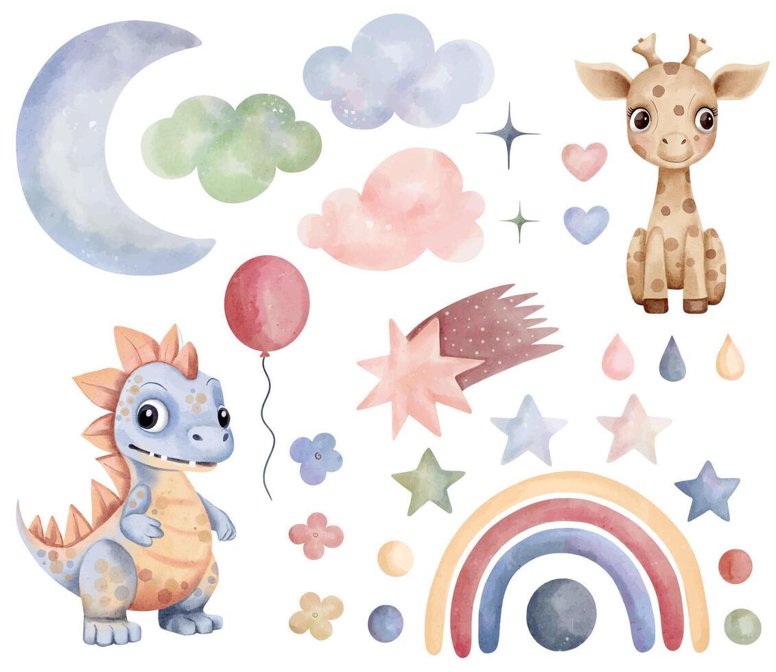 Watercolor toys giraffe, dinosaur. Set of vector hand drawn nursery elements, clouds, moon, rainbow, stars, stickers