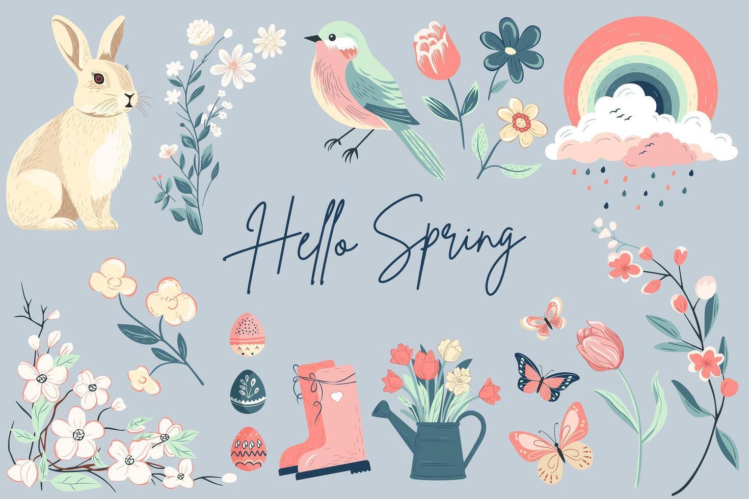 Spring collection. Hand drawn spring elements flowers, bird, bunny. Vector illustration. Trendy spring design