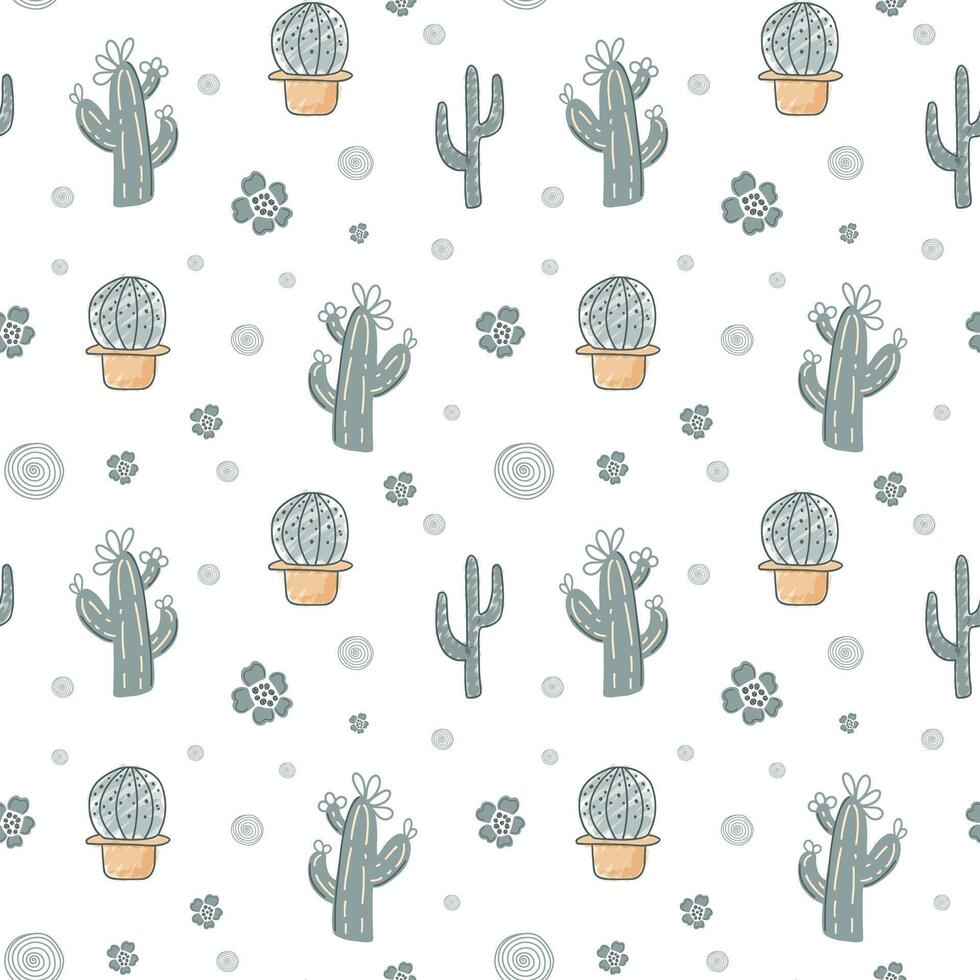 Seamless background with sketch cactus and succulents. Cute simple pattern with mexican doodle elements. vector