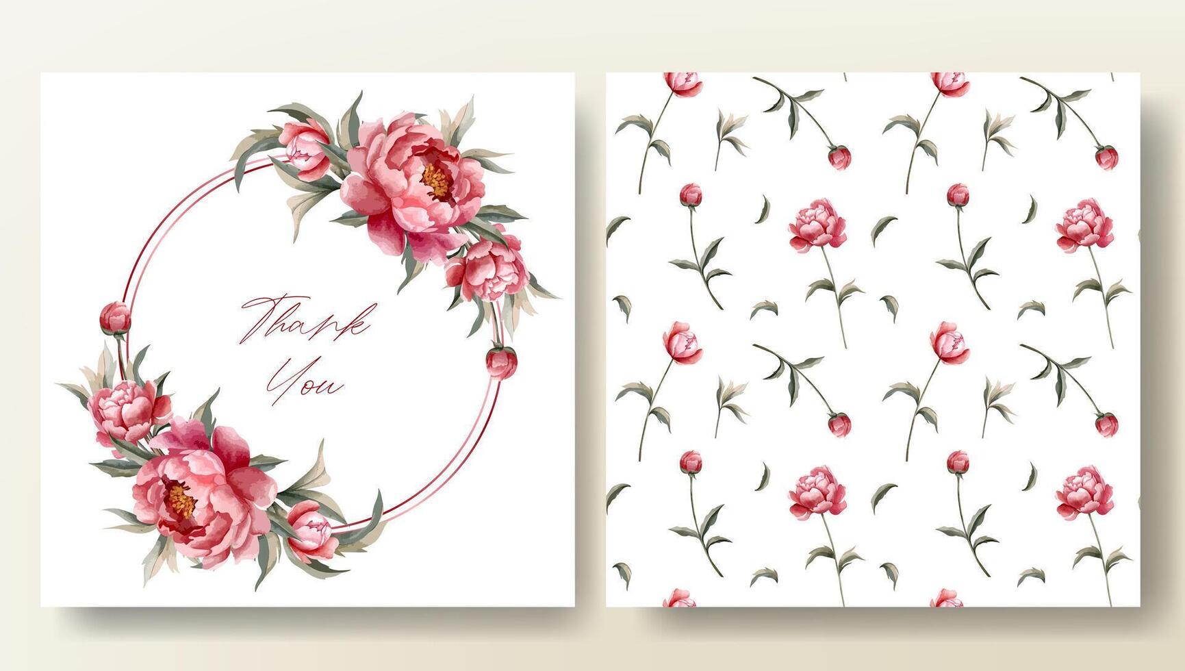 Set of greeting card and seamless pattern with watercolor peonies, wedding invitation. Peony frame. vector