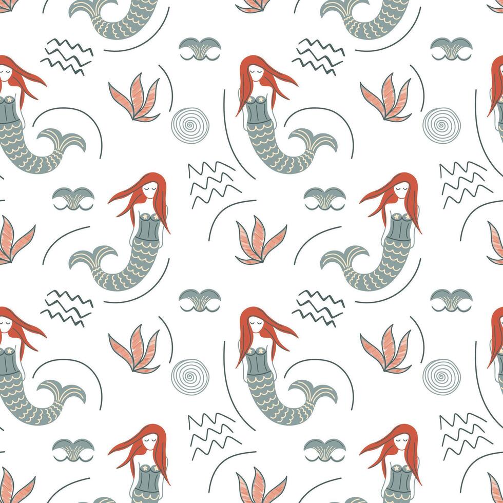 Cute simple pattern with sea doodle elements. Seamless background with sketch mermaid. vector