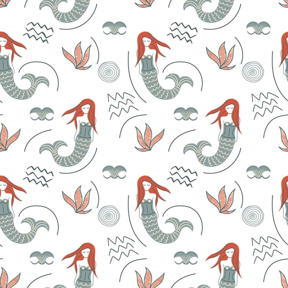 Cute simple pattern with sea doodle elements. Seamless background with sketch mermaid. vector