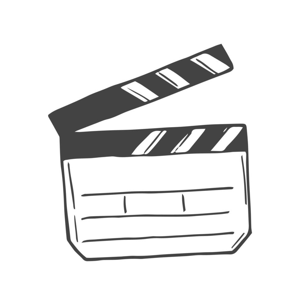 Movie clapperboard doodle icon. Film set clapper for cinema production. Board clap for video clip scene start. Lights, camera, action vector