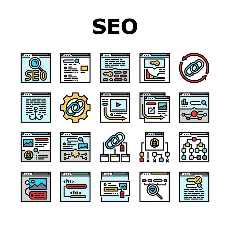 seo optimizar comunidad íconos conjunto vector