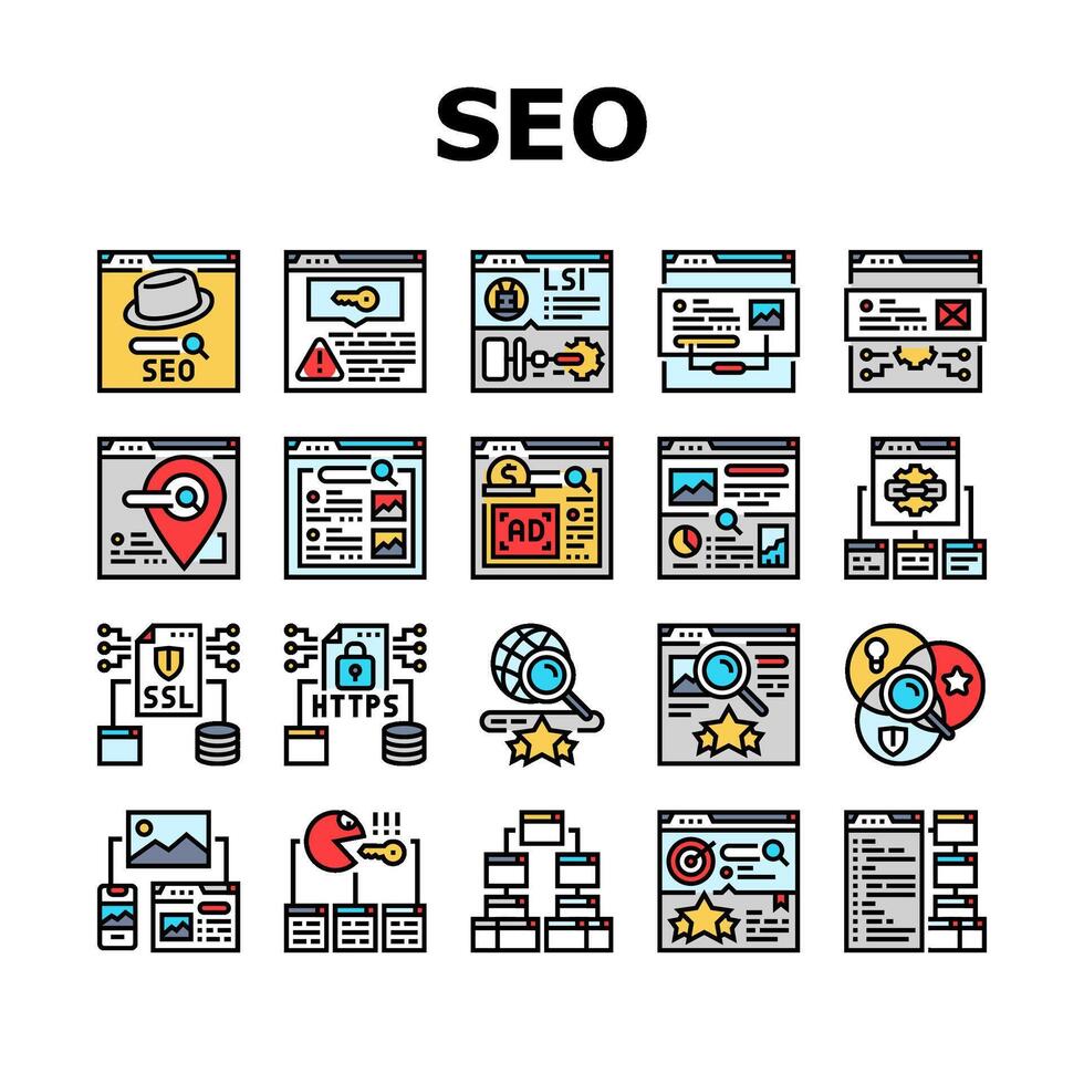 seo market rank search icons set vector