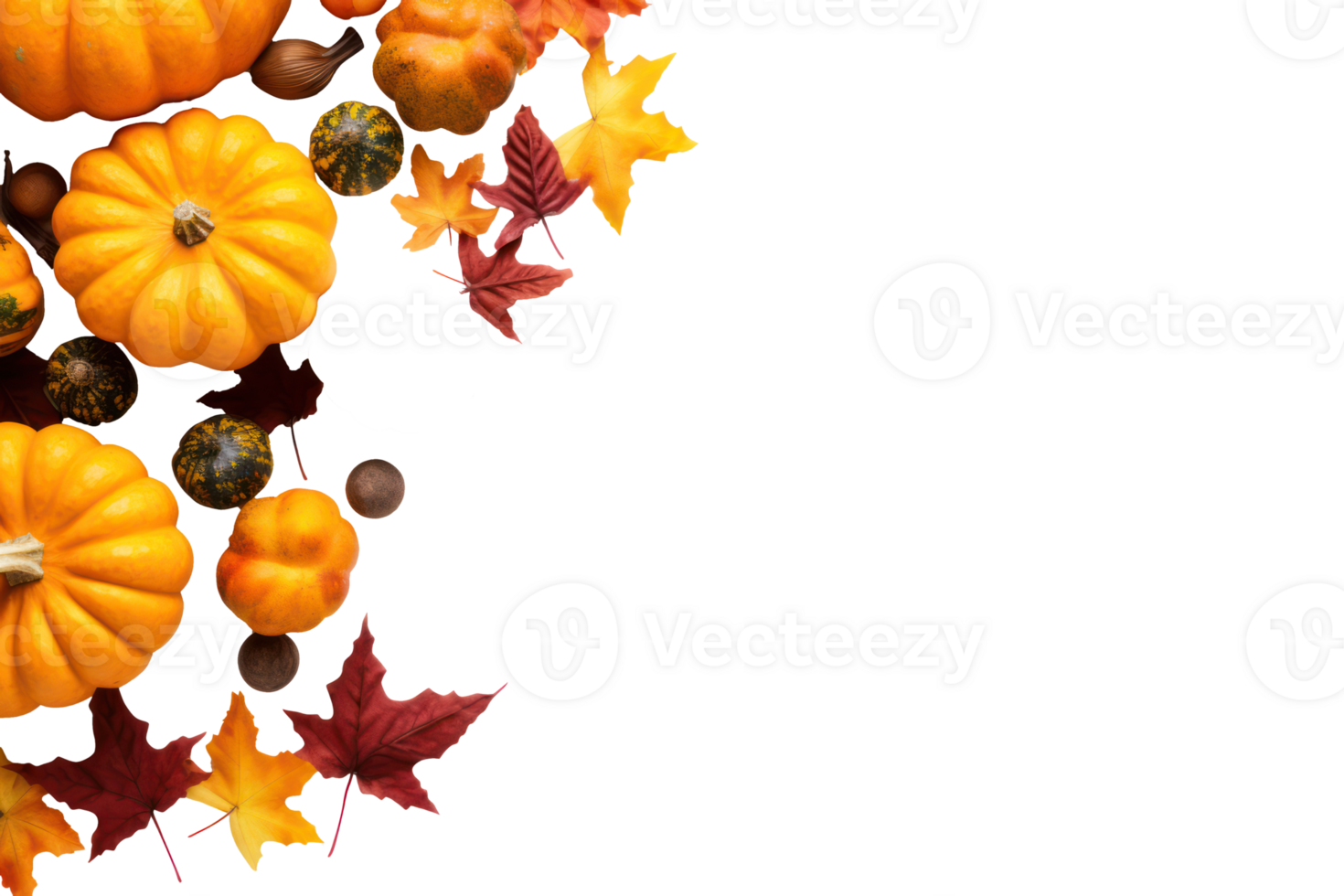 AI generated Autumn decoration background with leaves and pumpkins png