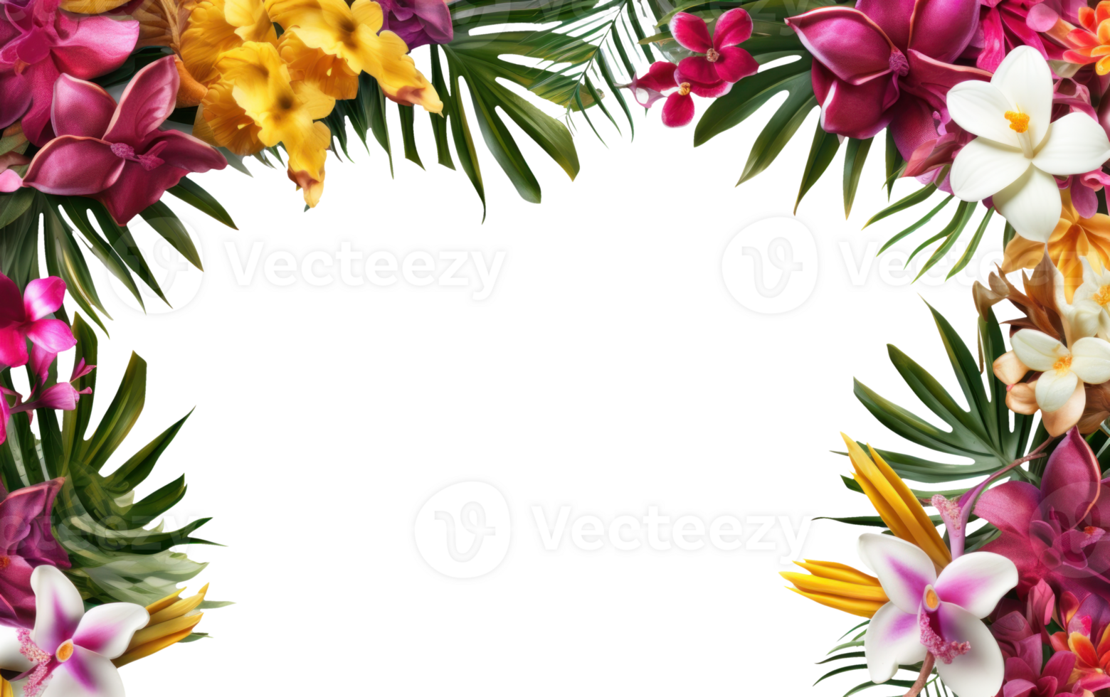 AI generated Tropical flowers and leaves on transparent background png