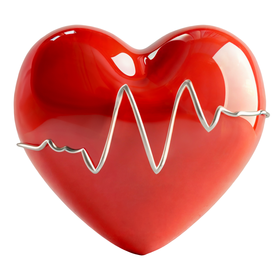ai generado 3d rojo corazón con plata latido del corazón línea yendo mediante eso aislado en transparente antecedentes. lustroso corazón forma con ecg grafico línea png