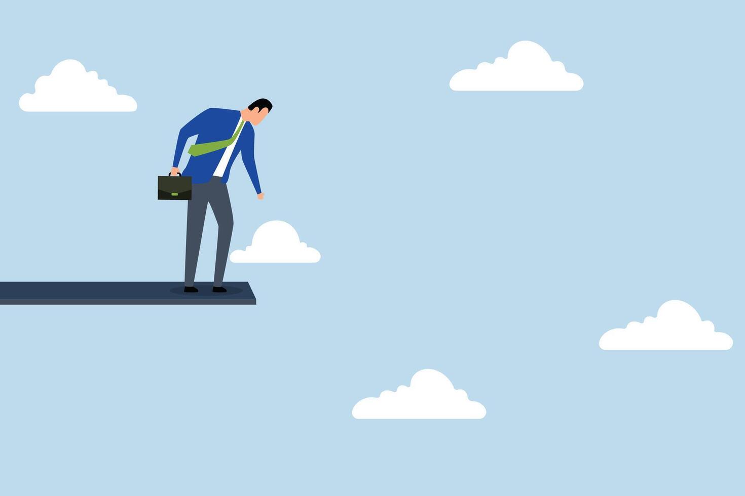 financial risk to fall down from economic recession, businessman standing on a wood jumping high in the sky looks down in fear. vector