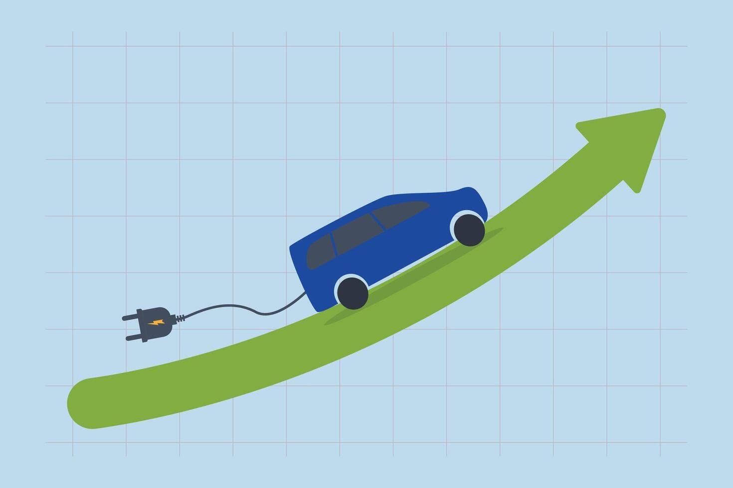 Electric car stock pice soaring, Electric car charging cruise on a rising green stock market arrow chart. vector