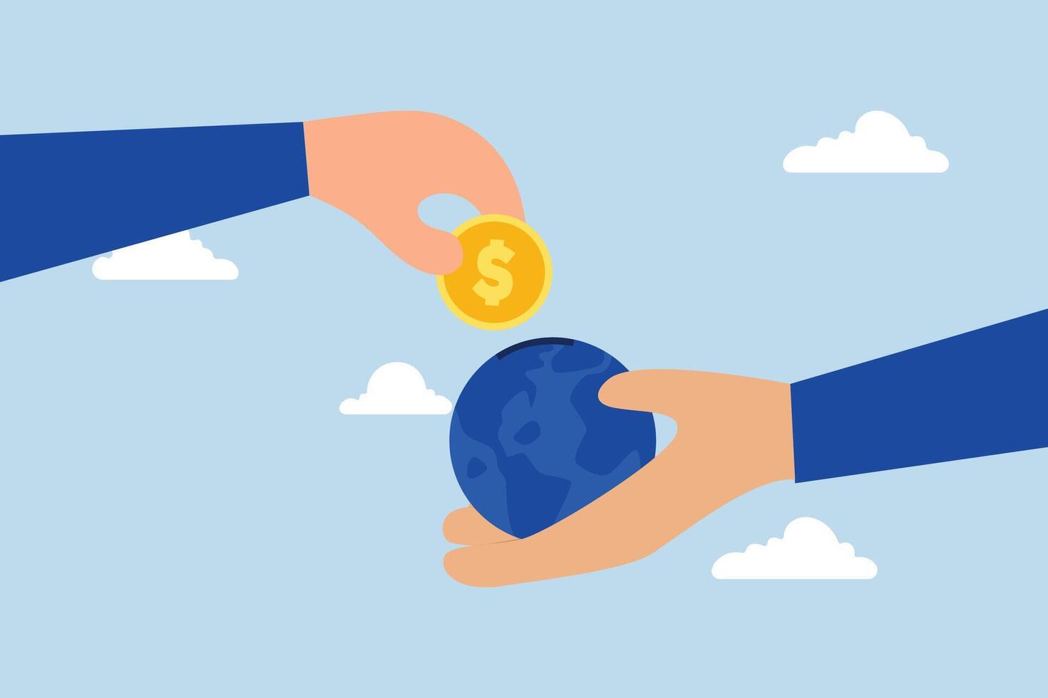 International economy, investor hand put a dollar coin into a globe coin. vector