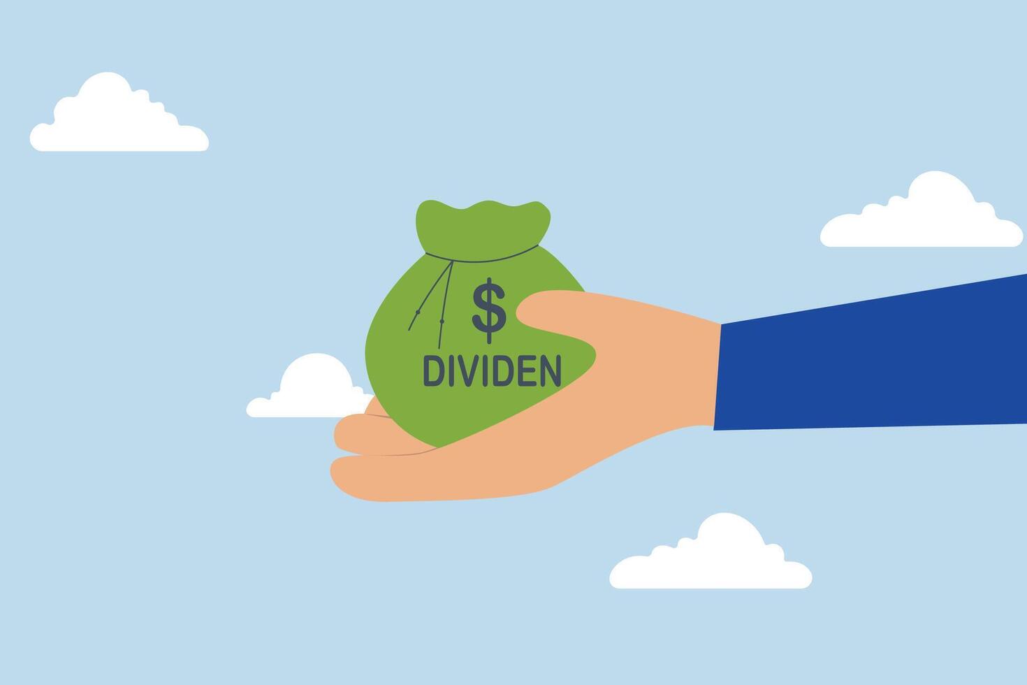 Dividend stocks, investor holding a large wallet labeled Dividends and Dollar Bills. vector