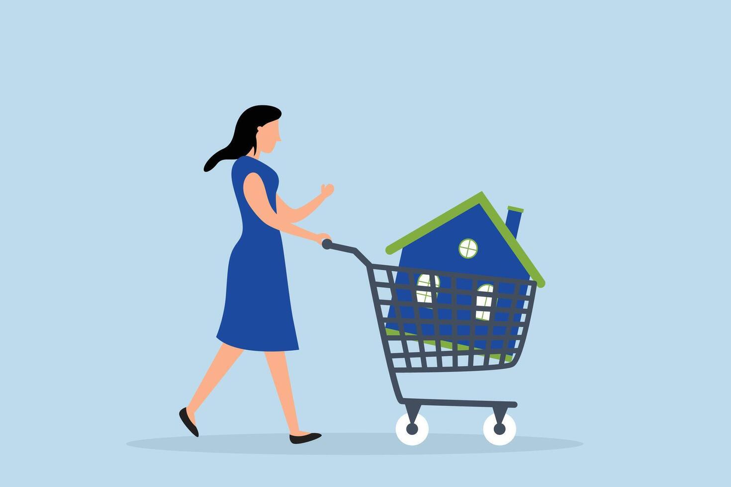 hogar comprador, contento mujer emprendedor un nuevo casa en un compras carro. vector