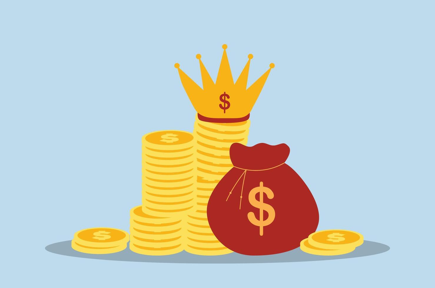 Cash is king, stack of money dollar coins and money bag with precious king golden crown. vector