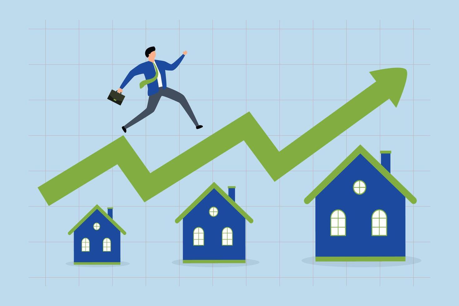 Housing price rising up, businessman running on the roof of a building with a rising green graphic. vector