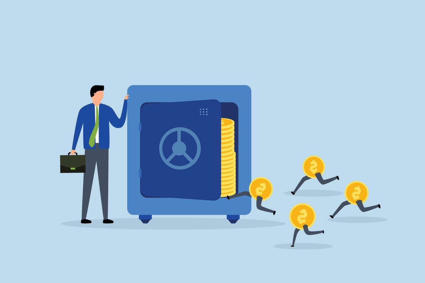 Passive income, businessman open a safe with rich treasures and coins inside. vector