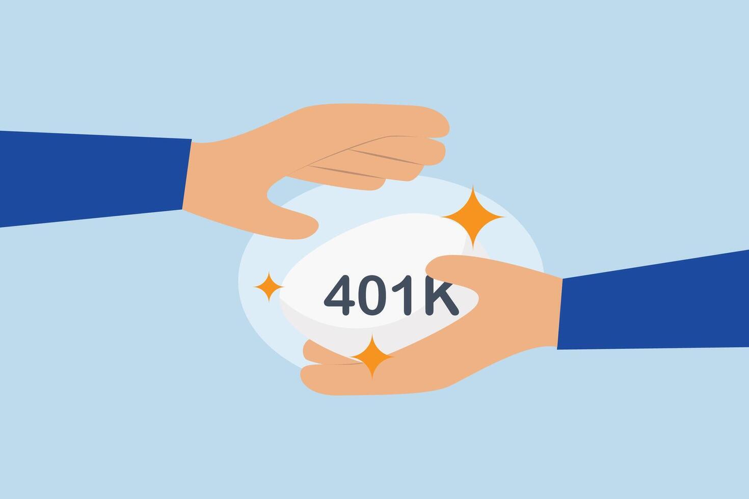 Protect your 401k in economic crisis, gently holding the businessman hand and covering the silver egg with the 401K label. vector