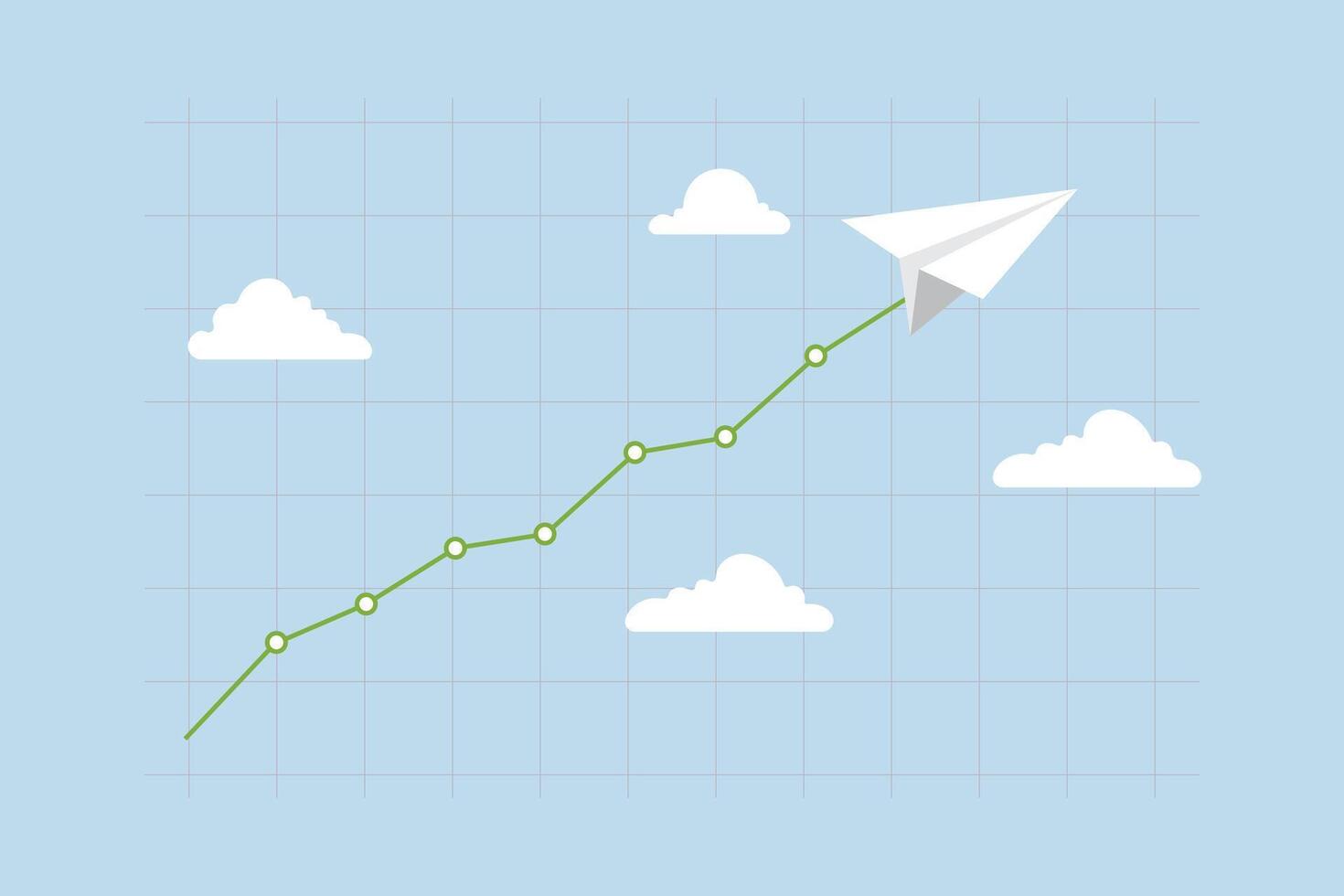 Stock market soaring, paper plane pulls up a line chart heading for the clouds. vector