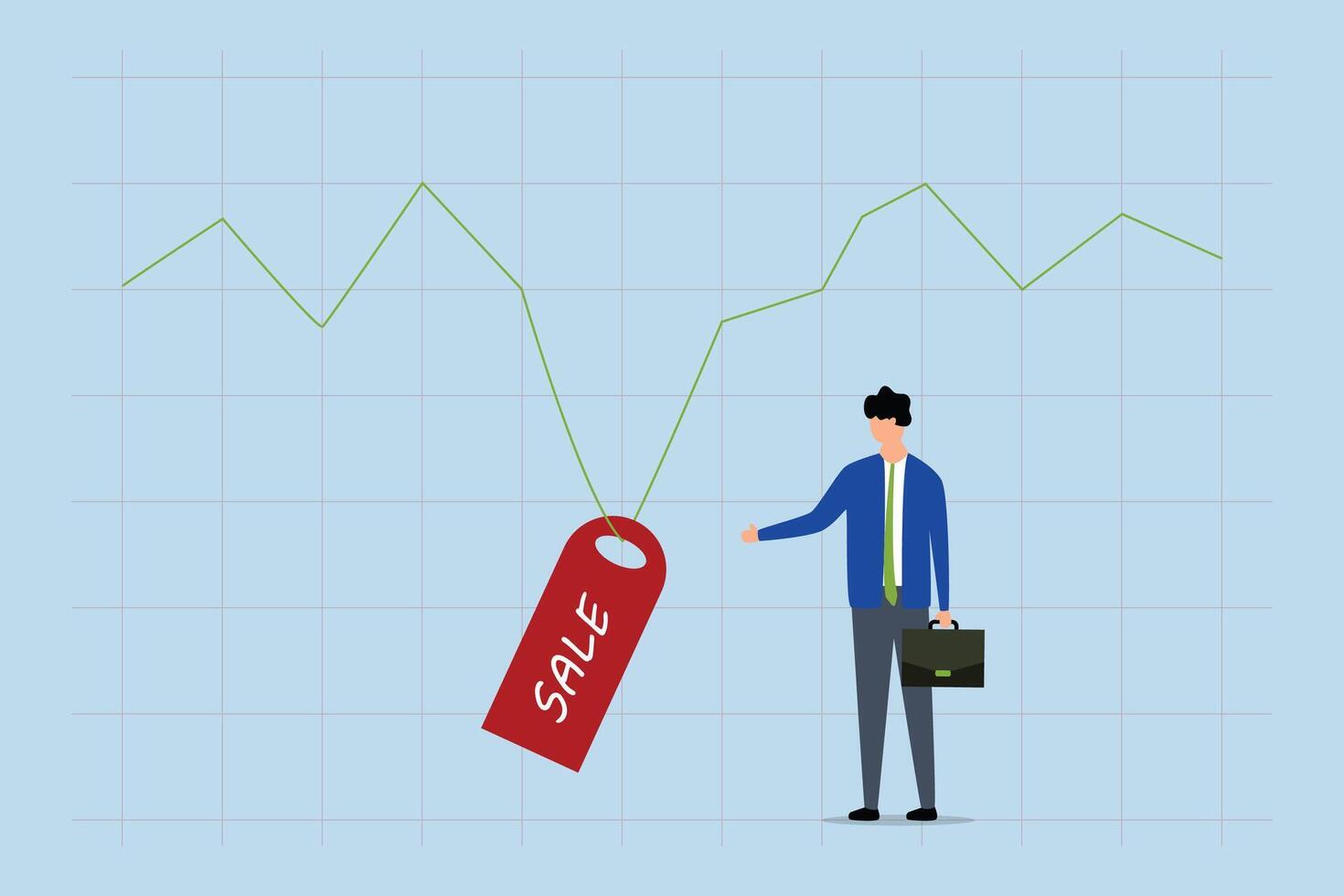 Stock market is on sale, finance manager pointing at most reduced with deal sticker price on securities exchange diagram vector