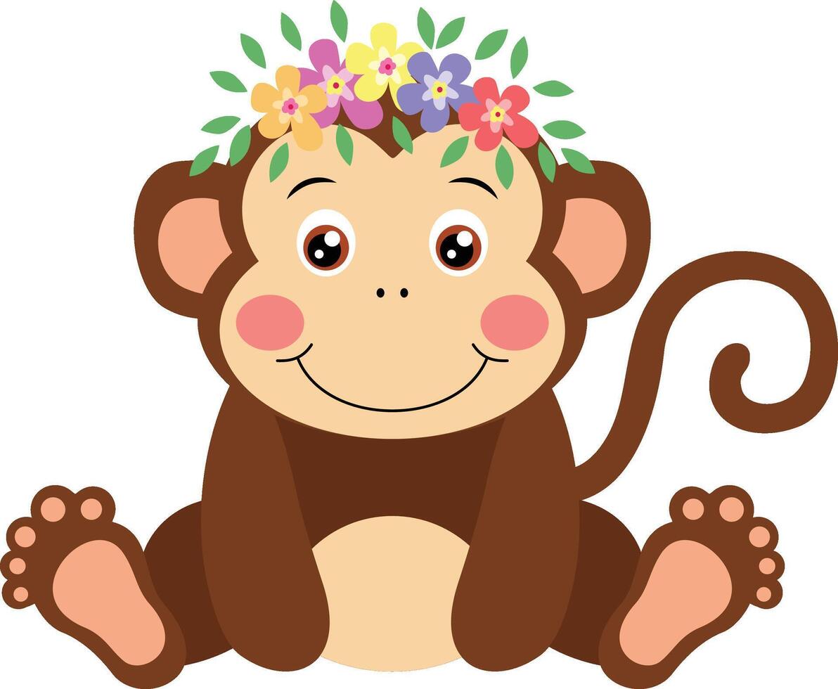 Adorable monkey sitting with wreath floral on head vector