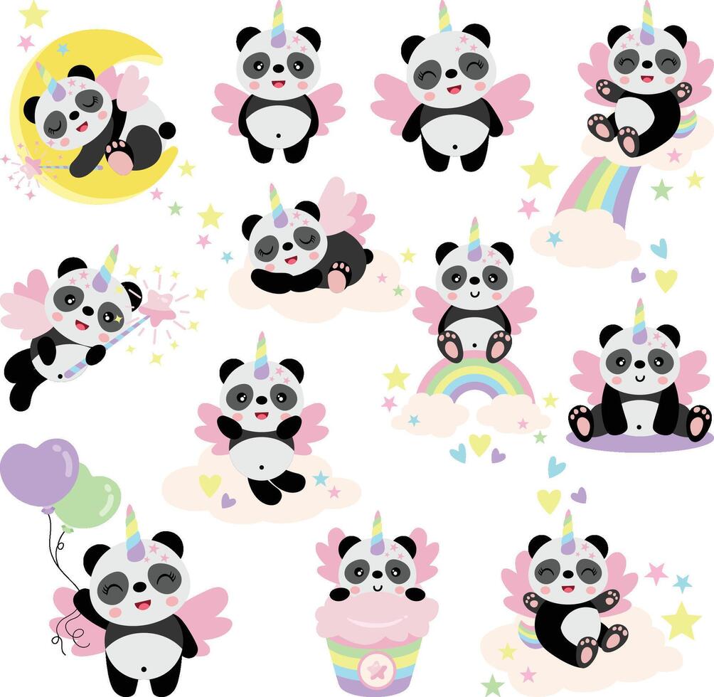 Set of cute unicorn panda vector