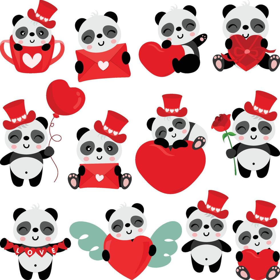 Set of valentines day cute panda vector