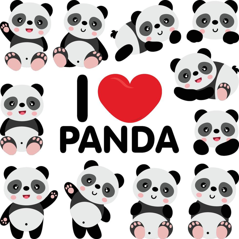 Set digital collage of I love pandas vector