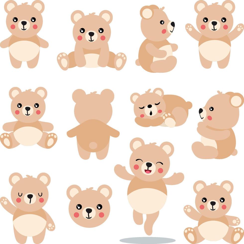 Set of cute friendly teddy bear vector