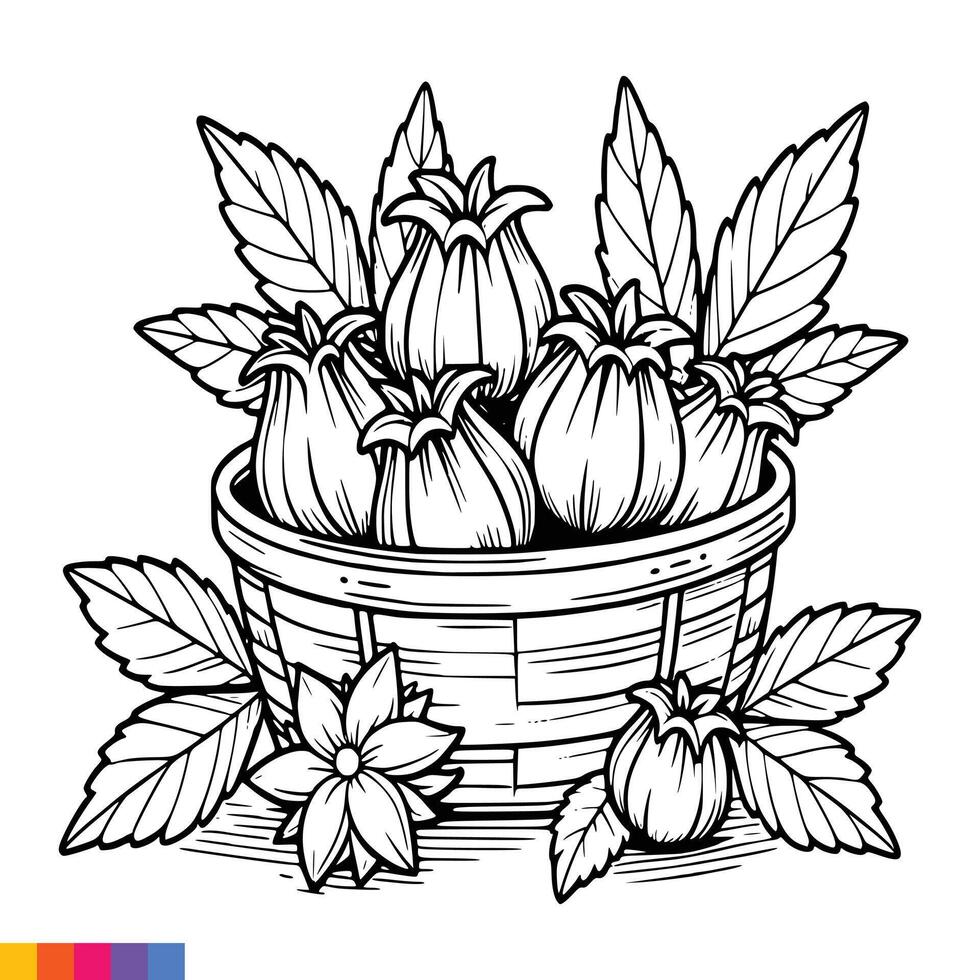 Fruit Basket line art illustration for the coloring book. Fruits coloring page. Vector graphics