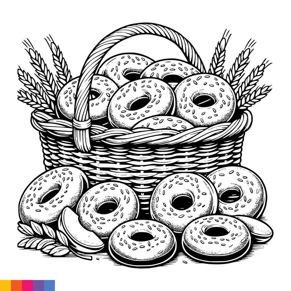 Bakery basket. Bakery food hand drawn line art illustration for the coloring book. Food line art for a coloring page. Vintage sketch vector graphics.